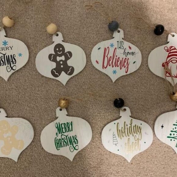 Eight Tree Ornaments Reversible Christmas Wood - Picture 2 of 2
